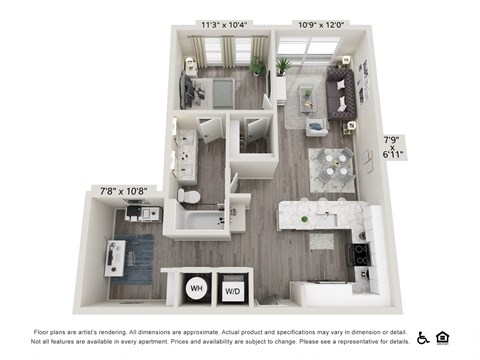 Floor plan for 1 bed, 1 bath, 848 sqft